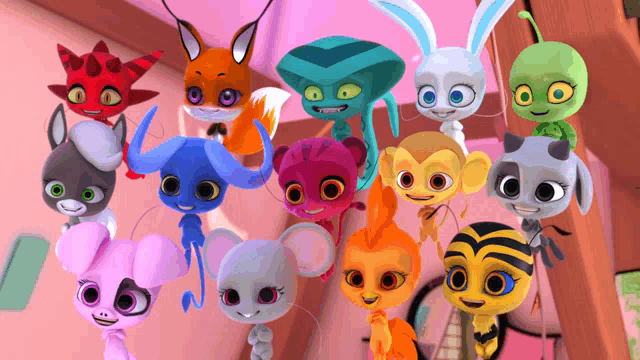 a group of cartoon characters are posing for a photo
