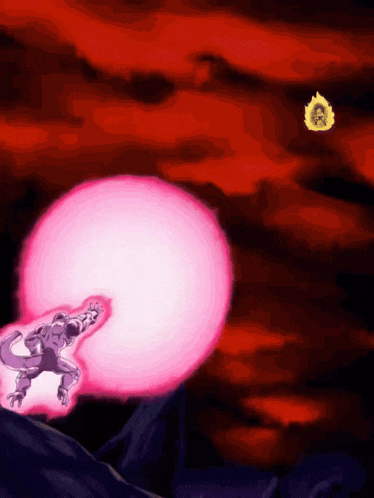 a cartoon character is flying through the air in front of a large pink sphere