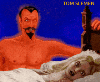 a man with a beard is standing next to a woman in a bed and the name tom slemen is on the bottom