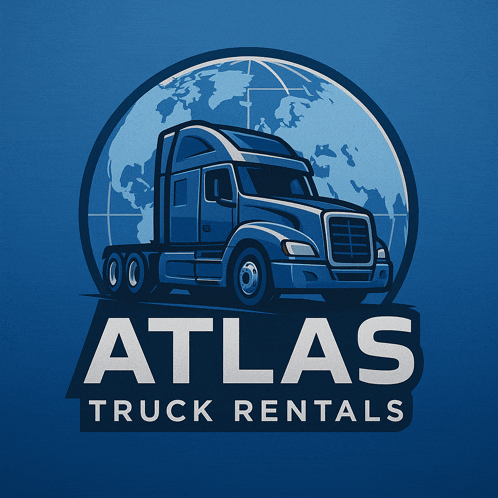 a logo for atlas truck rentals with a semi truck and globe