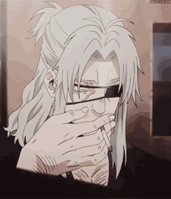 a man with long white hair is smoking a cigarette while wearing glasses