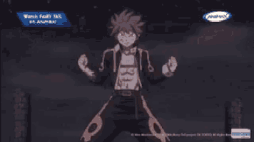an advertisement for fairy tail on animax shows a cartoon character in flames