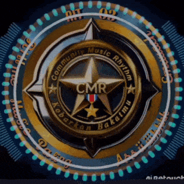 a logo for community music rhythm with a gold star in the center