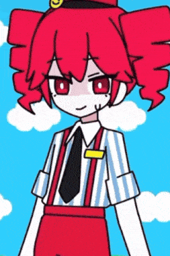 a cartoon girl with red hair is wearing suspenders and a hat