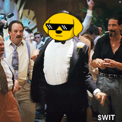 a man in a tuxedo has a yellow dog on his face with sunglasses