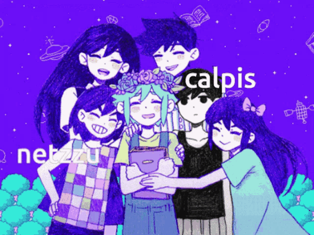 a group of anime characters are hugging each other with the word calpis in the middle