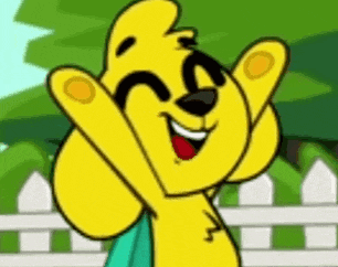 a yellow cartoon dog is standing in front of a white picket fence and smiling .