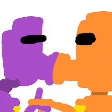 a purple and orange cartoon character kissing each other on a white background .