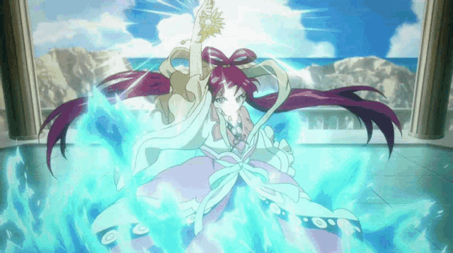 a girl with purple hair and a white dress is surrounded by blue fire