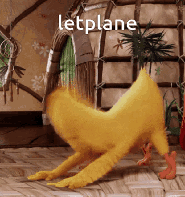 a yellow duck is doing a yoga pose with the word letplane written above it