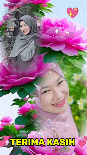 a woman in a hijab is surrounded by pink flowers and the words " terima kasih "