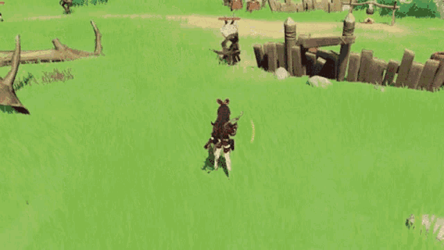 a video game character is standing in the grass with a sword .