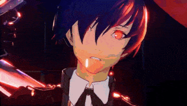 a close up of a person 's face with red eyes and blue hair