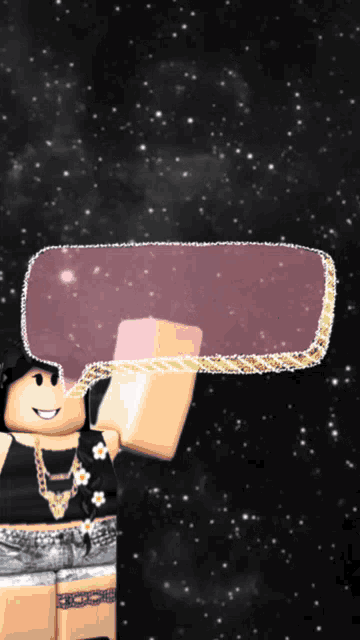 a girl in a black top and shorts is holding a pink speech bubble