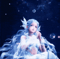 a girl with long blue hair is surrounded by water bubbles