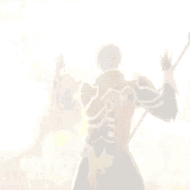 a man in armor is holding a sword and standing in front of a castle .