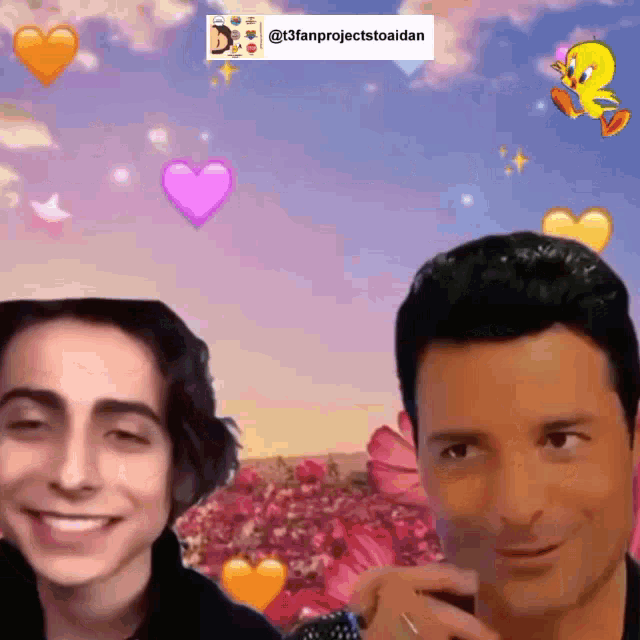 two men are standing next to each other with hearts and tweety in the background ..