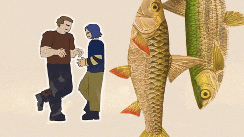 a man and woman are standing next to a fish