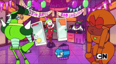a cartoon of robots dancing in front of a sign that says robots se
