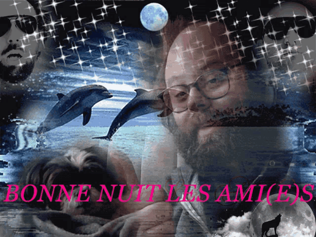 a collage of a man and dolphins with the words bonne nuit les amis