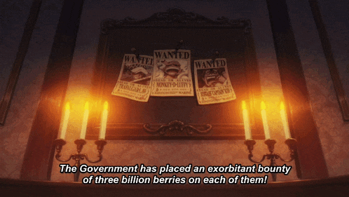 several wanted posters are hanging on a wall with candles
