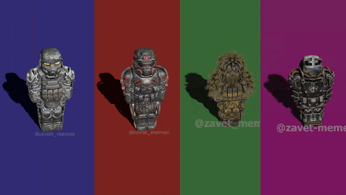 four soldiers are standing next to each other on a blue red green and pink background