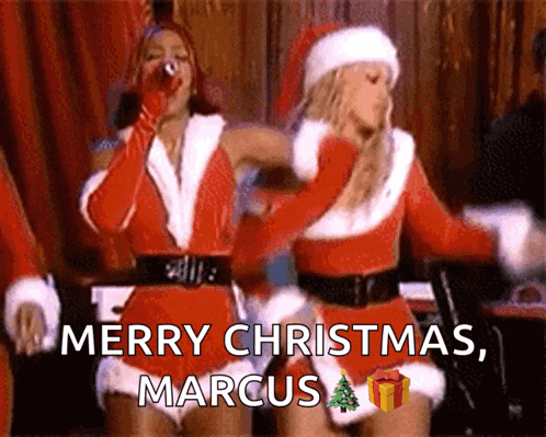 two women dressed in santa outfits are dancing with the words merry christmas marcus written on the bottom