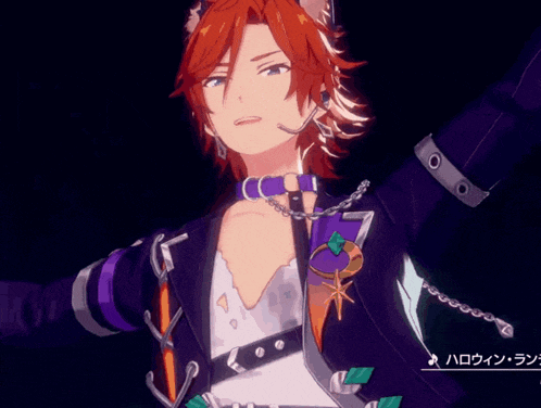 a cartoon character with red hair and cat ears is smiling