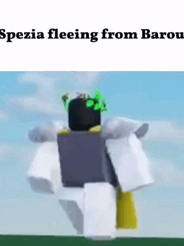 a cartoon character is flying through the air with the words `` spezia fleeing from baroque '' .