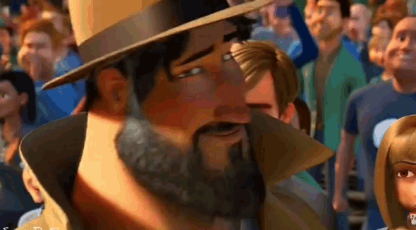 a cartoon man with a beard and hat is standing in front of a crowd .