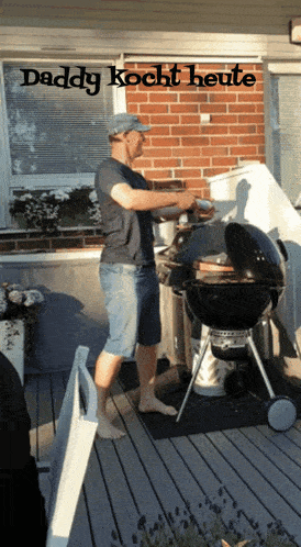 a man cooking on a grill with the words daddy kocht heute written above him