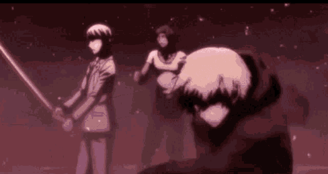 a group of anime characters are standing next to each other holding swords in a dark room .
