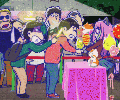 a group of cartoon characters are standing around a table