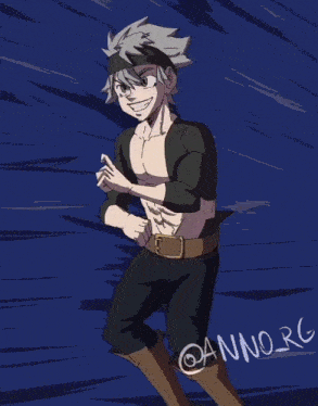 a drawing of a shirtless anime character with a hand pointing to his head