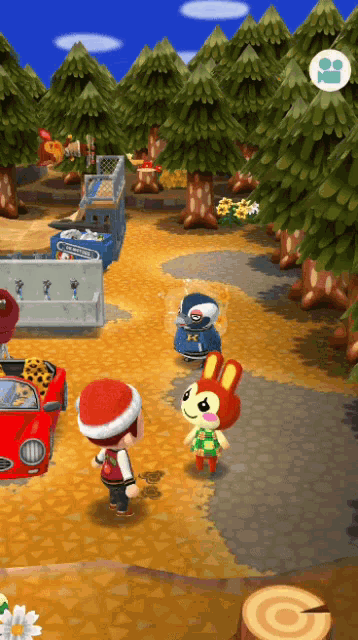 a video game scene with a red car and a bunny