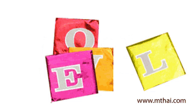 the letters o e v and l are displayed on colored squares