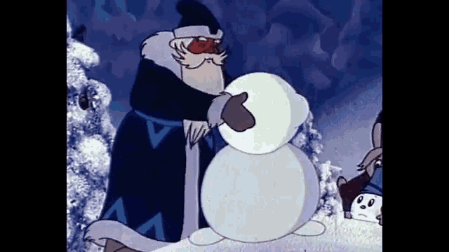 a cartoon of a man making a snowman in the snow .