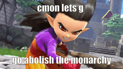 a cartoon character with a caption that says " cmon lets g go abolish the monarchy "