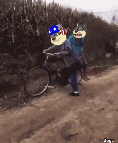 two cartoon characters are riding a bike on a dirt road with the word dogc at the bottom