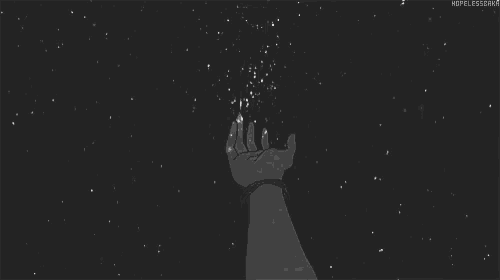a black and white drawing of a person 's hand reaching for a star in the night sky .