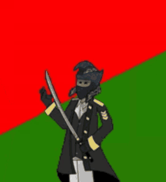 a man in a mask is holding a sword in front of a red and green background