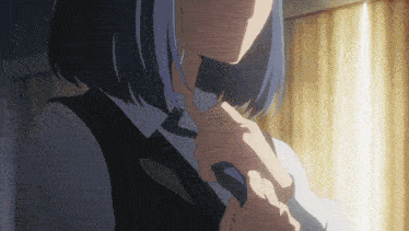 a girl with blue hair adjusts her tie
