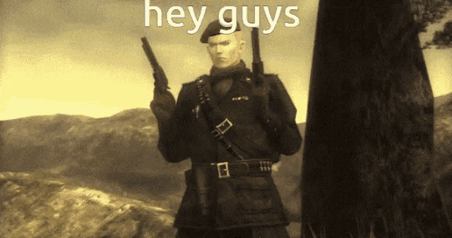 a man in a military uniform is holding two guns in front of a tree and says hey guys