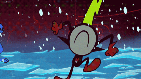 a cartoon character with a yellow lightning bolt on his head is running on ice