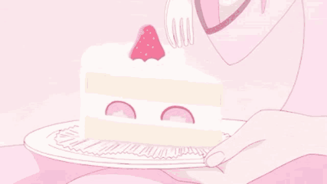 a person is holding a slice of cake on a plate with a fork .