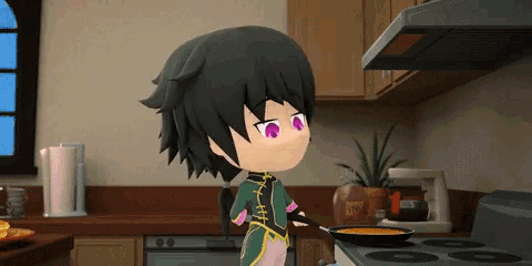 a cartoon character with purple eyes is standing in a kitchen holding a frying pan