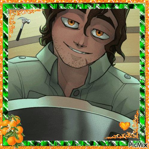 a picture of a man with a hammer and a green and orange border