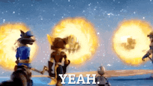 a group of cartoon characters are standing in front of explosions and the word yeah is visible .