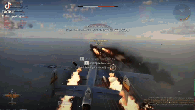 a plane is flying through the air with flames coming out of it .
