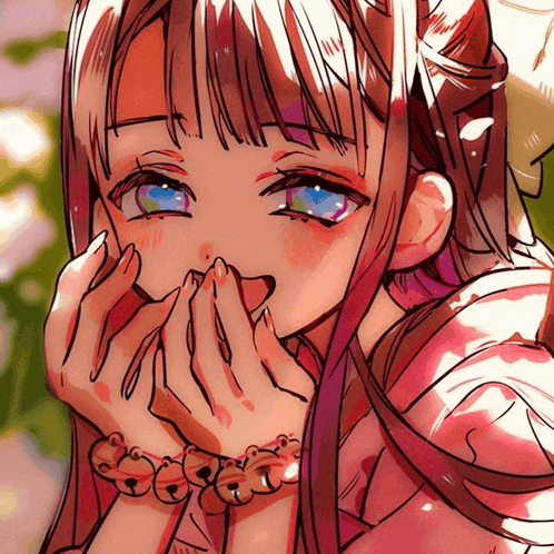 a drawing of a girl with blue eyes covering her mouth